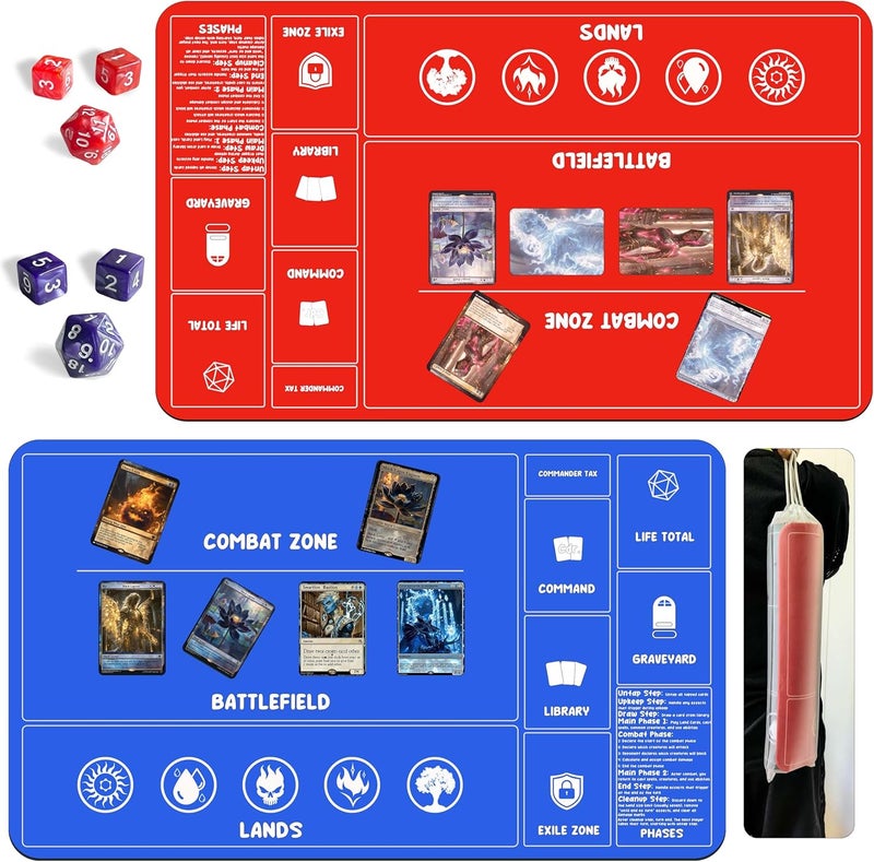 HaoSiTeck Card Game MTG Playmat for Beginner 2 Pack with Dices, Magic Mat Commander Deck Playmat for TCG MTG Accessories Play Mat 24x14 Inches Duel Card Battles, Red/Blue - Image 1
